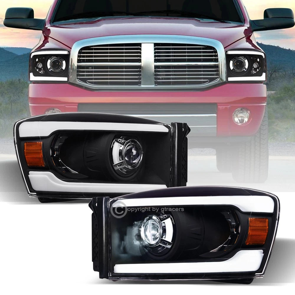 2006-2009 Ram Black Full LED Projector Headlights Signal Amber w/Tube Bar