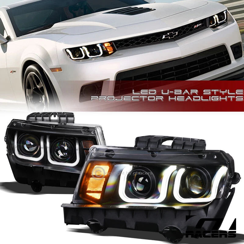 2014-2015 Chevy Camaro Matte Black DRL LED U-Bar Halo Projector Headlights