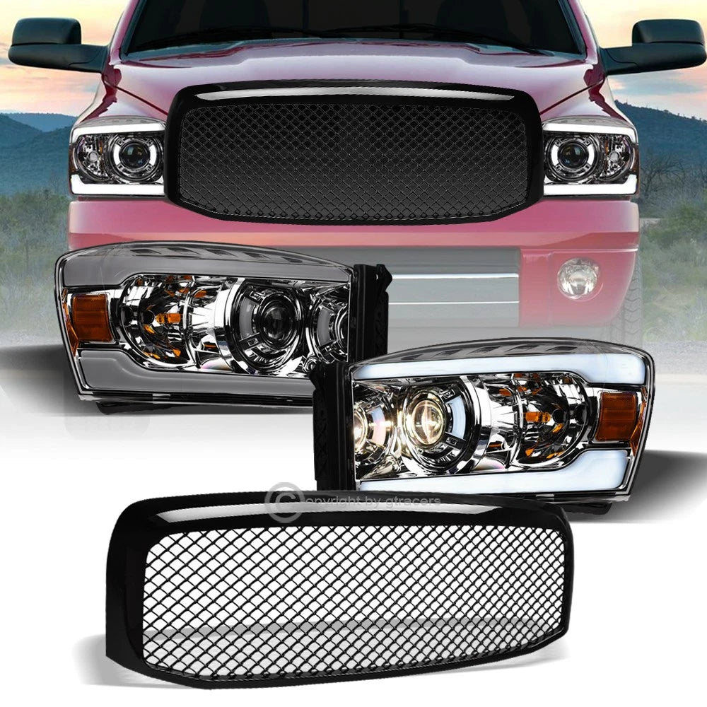 2006-2009 Ram Chrome LED Tube Bar Projector Headlights Amber+Blk Mesh Grille
