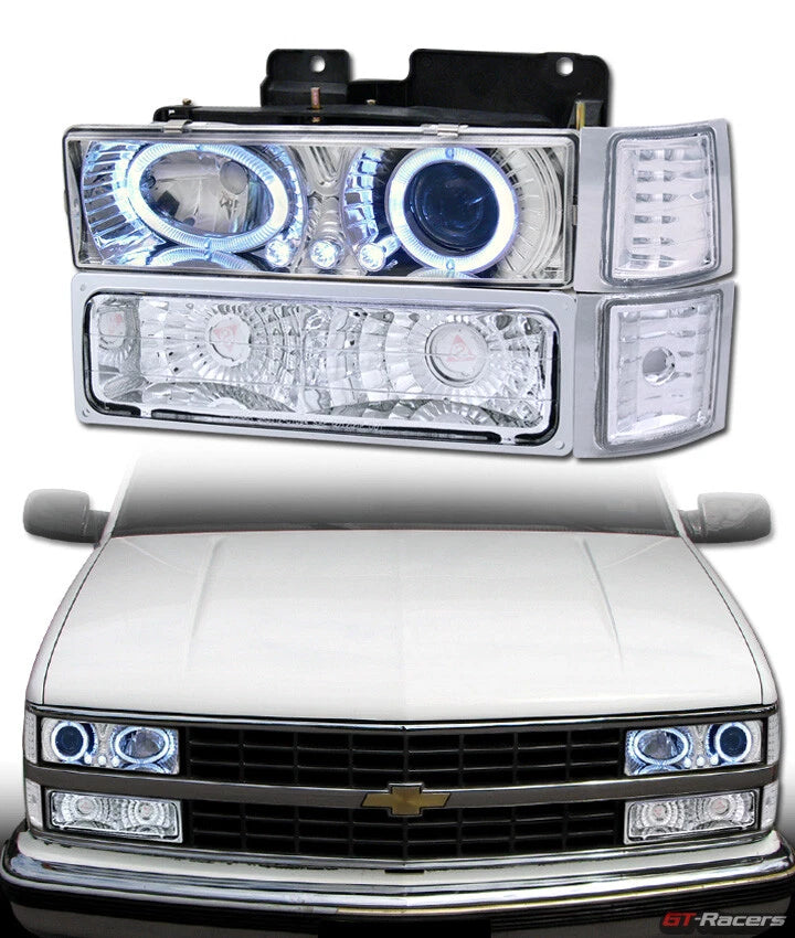 Chrome Led Halo Projector Headlights+Bumper+Corner Yd 94-00 Chevy C10 C/K