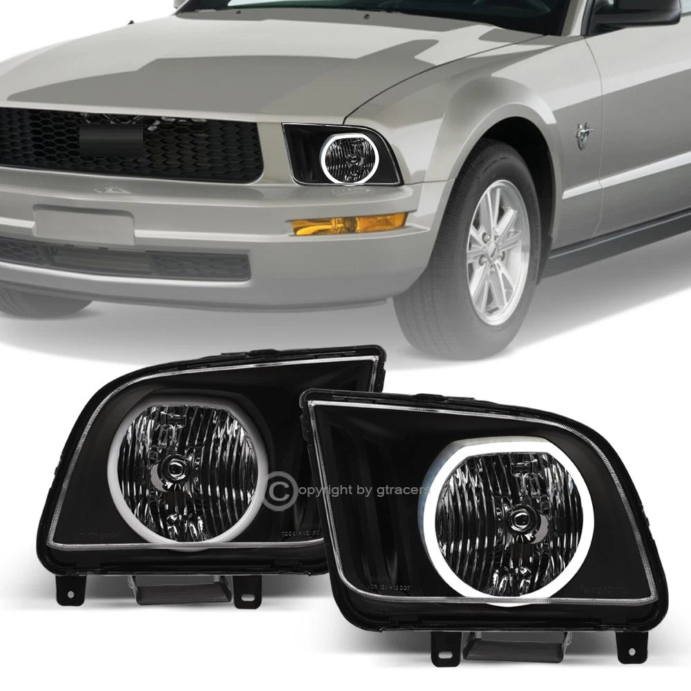 2005-2009 Ford Mustang Black Crystal Headlights w/DRL White LED Halo Rims