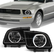 2005-2009 Ford Mustang Black Crystal Headlights w/DRL White LED Halo Rims