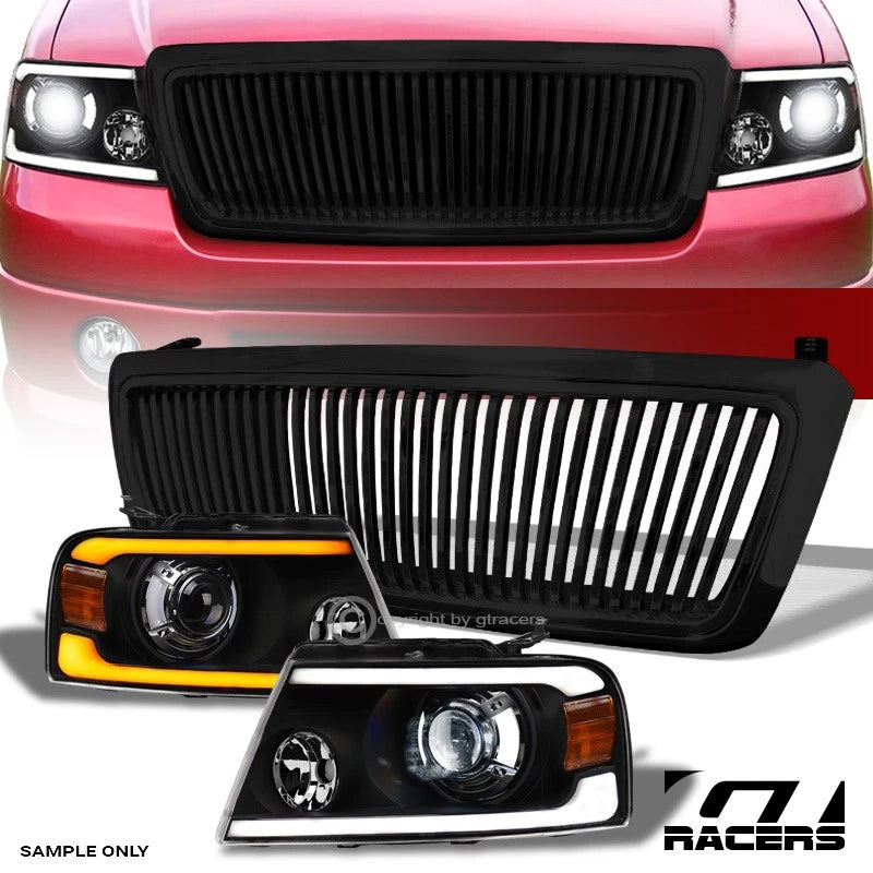 04-08 F150 Blk Sequential Full LED Bar Projector Headlights A+Vertical Grill