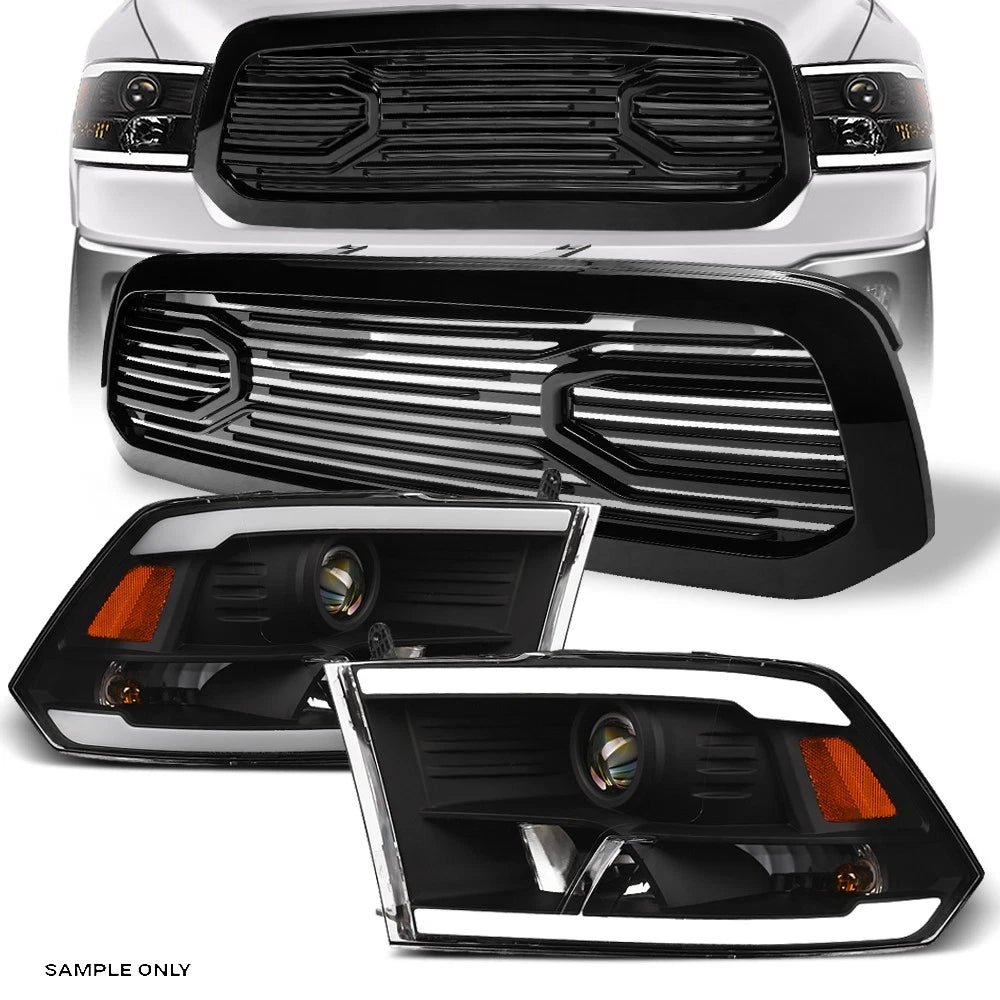 13-18 Ram 1500/Classic Blk LED Tube Projector Headlights Am+Big Horn Grille