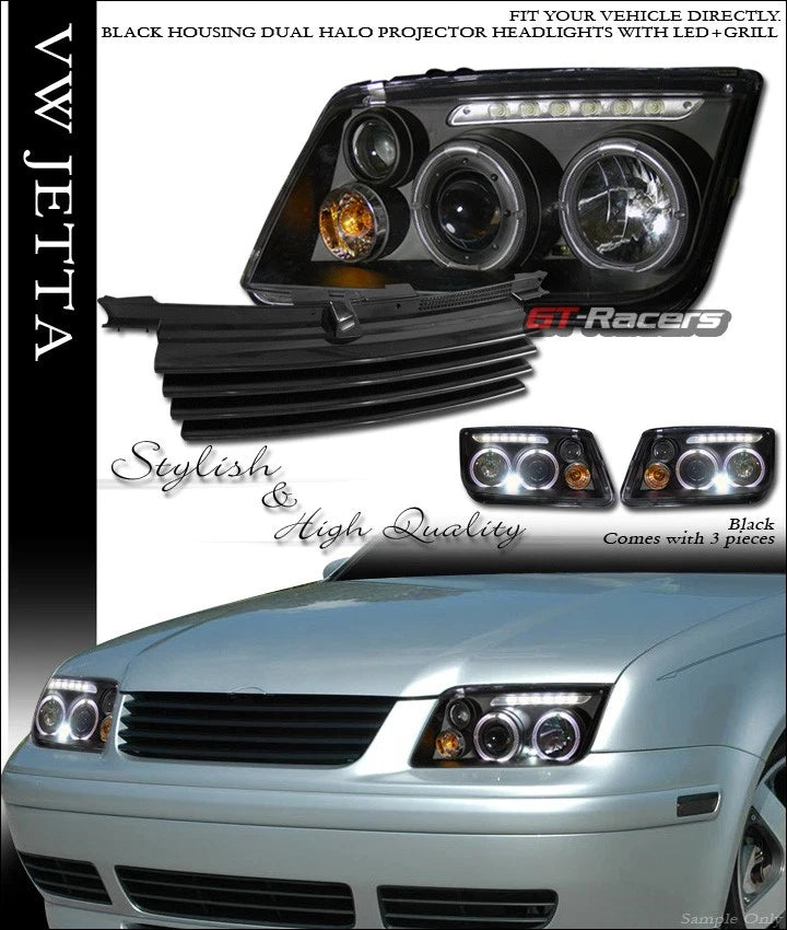 99-05 Vw Jetta Mk4 Black Led Halo Projector Headlights Signal w/Fog+Grille H