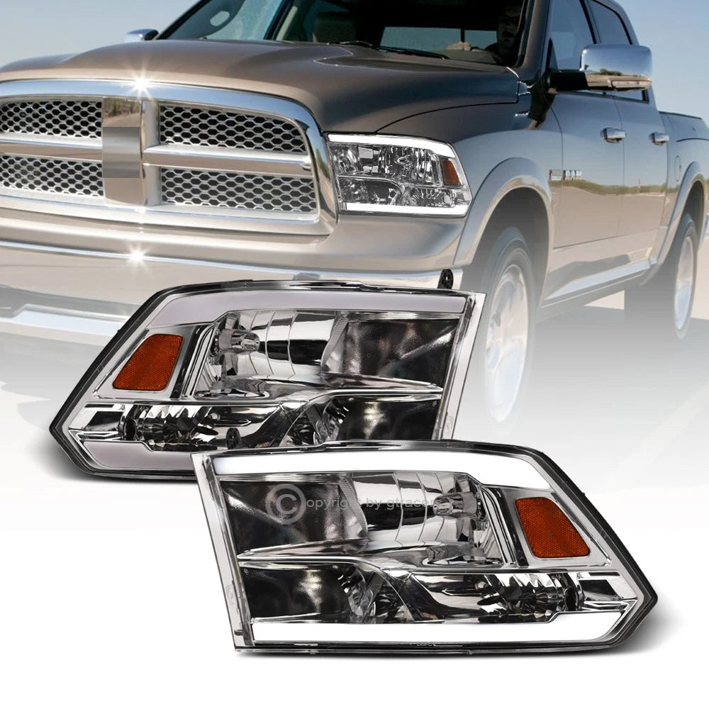2009-2018 Dodge Ram Chrome Crystal Headlights Signal Amber w/LED Tube Bar