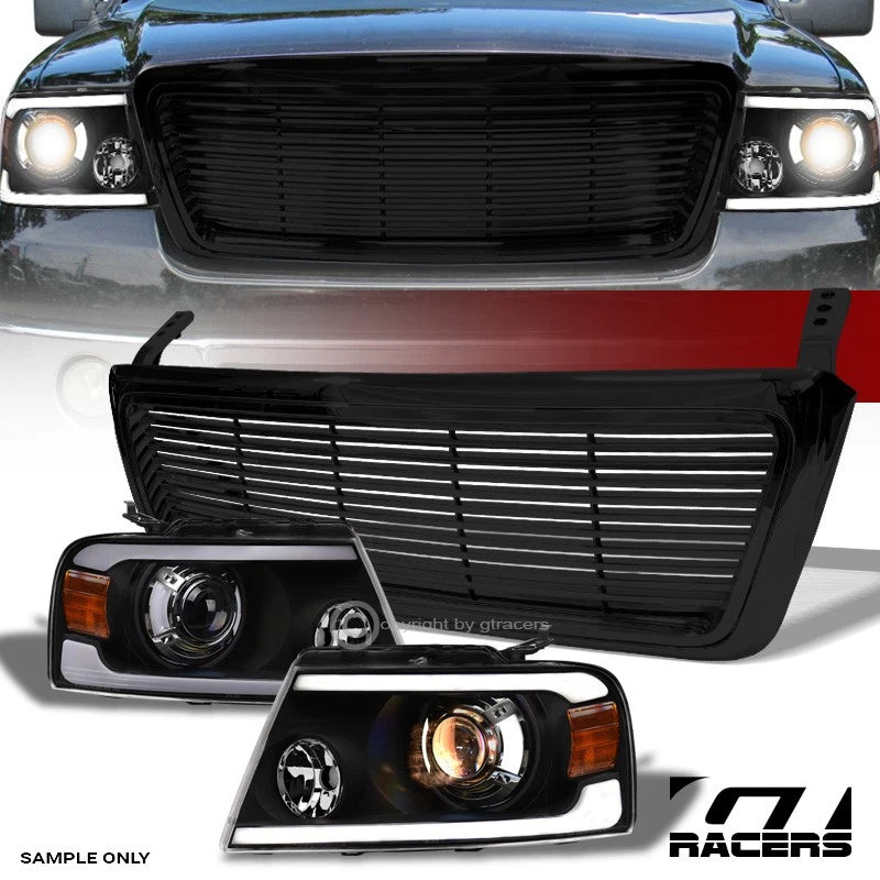 2004-2008 F150 Blk LED Tube Bar Projector Headlights Amber+Horizontal Grille