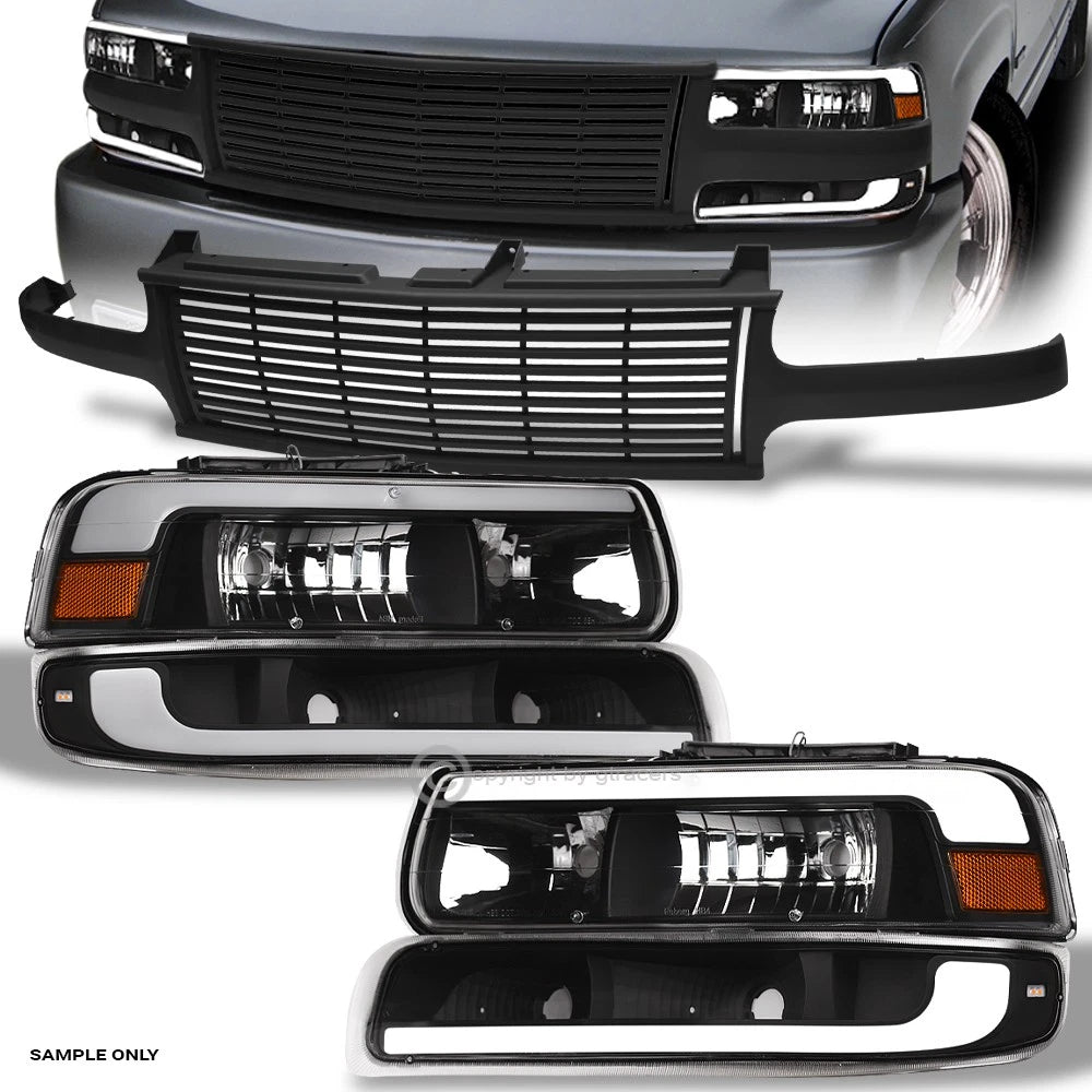 99-02 Silverado/00-06 Suburban Tahoe Blk LED Bar Headlights A+Matte H Grille