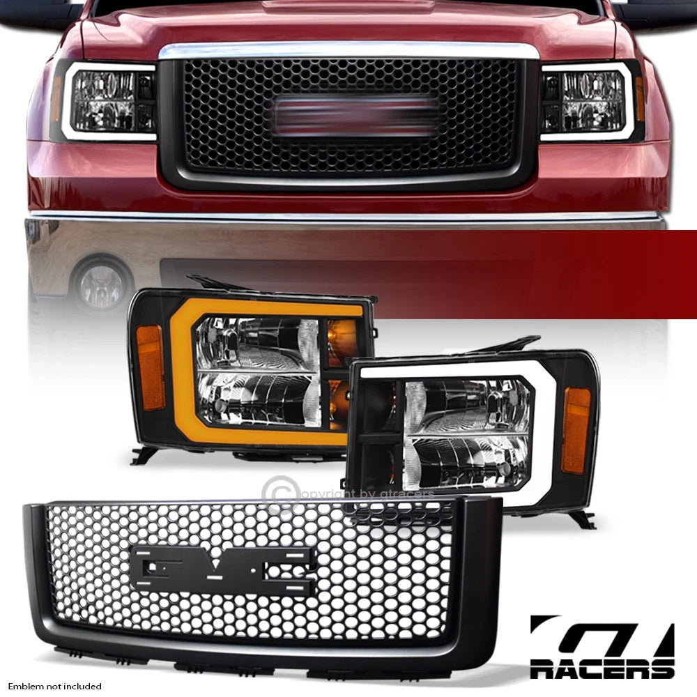 Switchback Sequential 07-14 Sierra 1500 Blk LED Headlights Am+Round M Grille