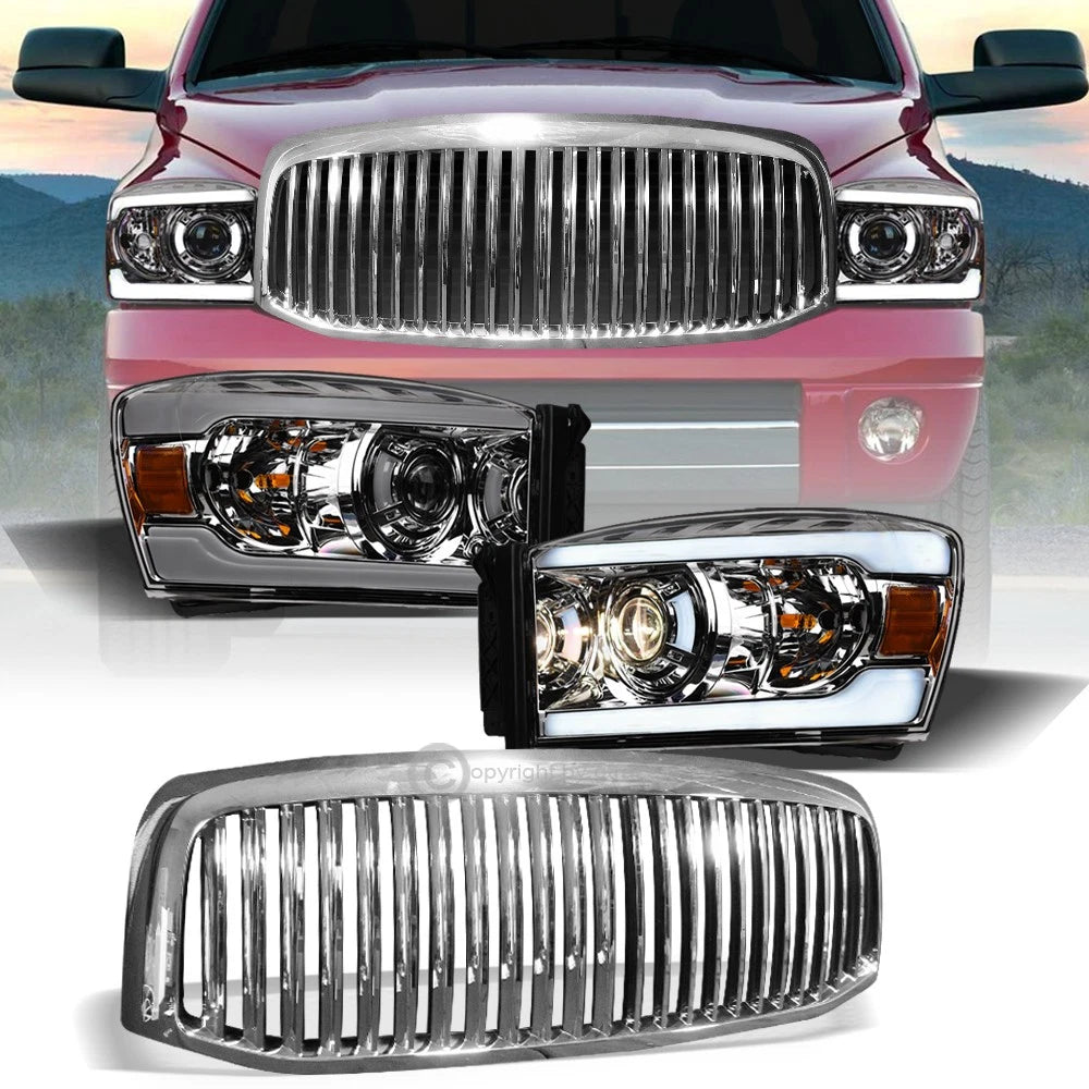 2006-2009 Ram Chrome LED Tube Bar Projector Headlights Amber+Vertical Grille