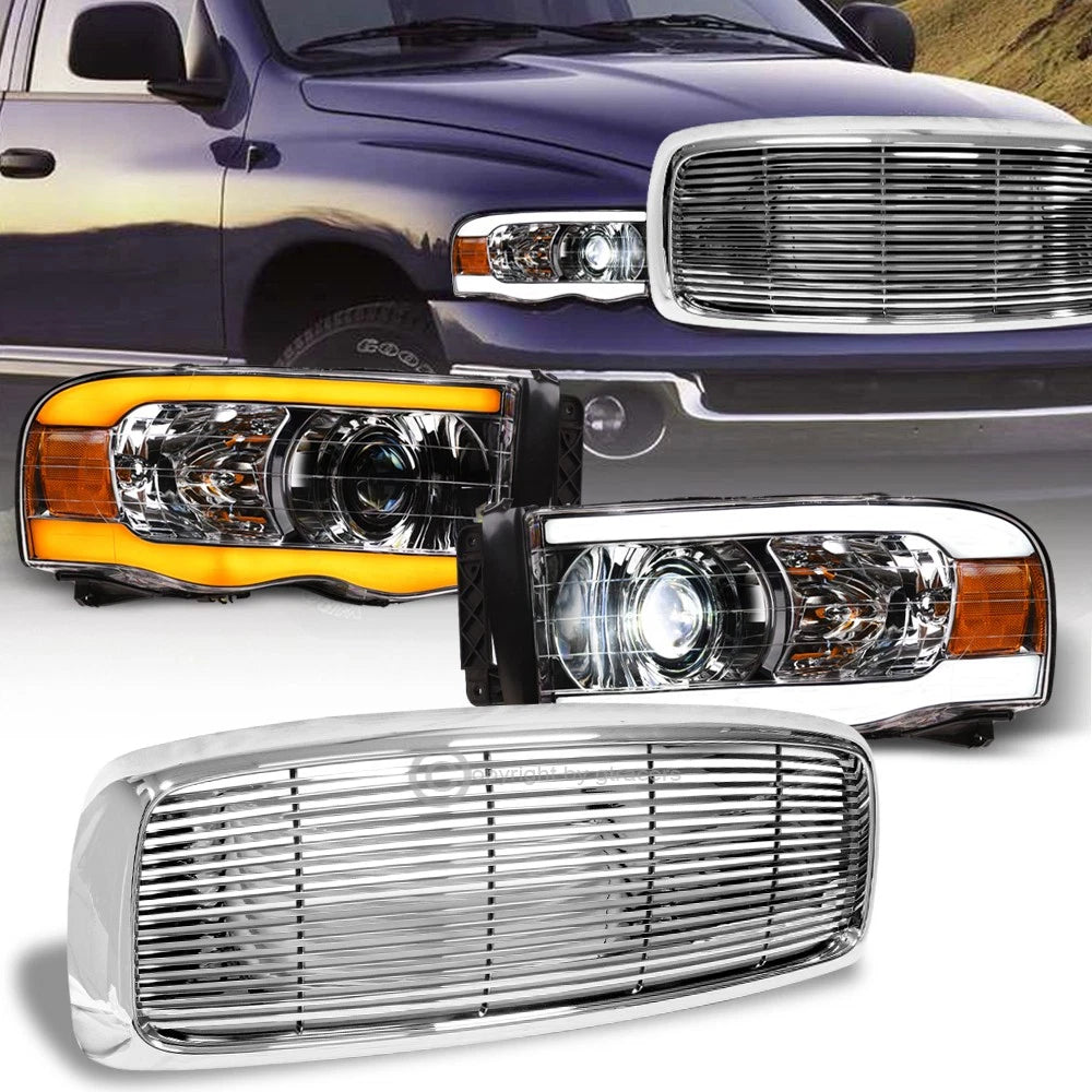 Switchback Sequential 02-05 Ram Chrome Full LED Projector Headlights+H Grill