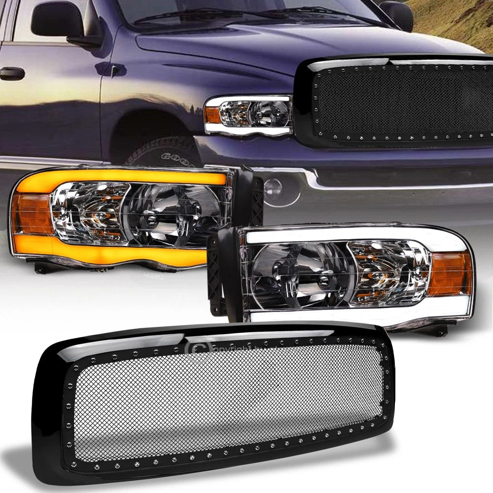 Switchback Sequential 02-05 Ram Chrome LED Bar Headlight A+Blk Rivet M Grill