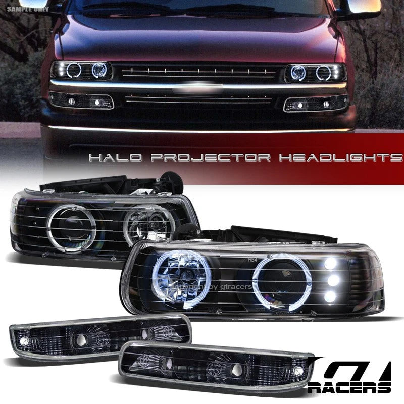 99-06 Silverado/Tahoe/Suburban Blk LED Halo Projector Headlights+Bumper Lamp