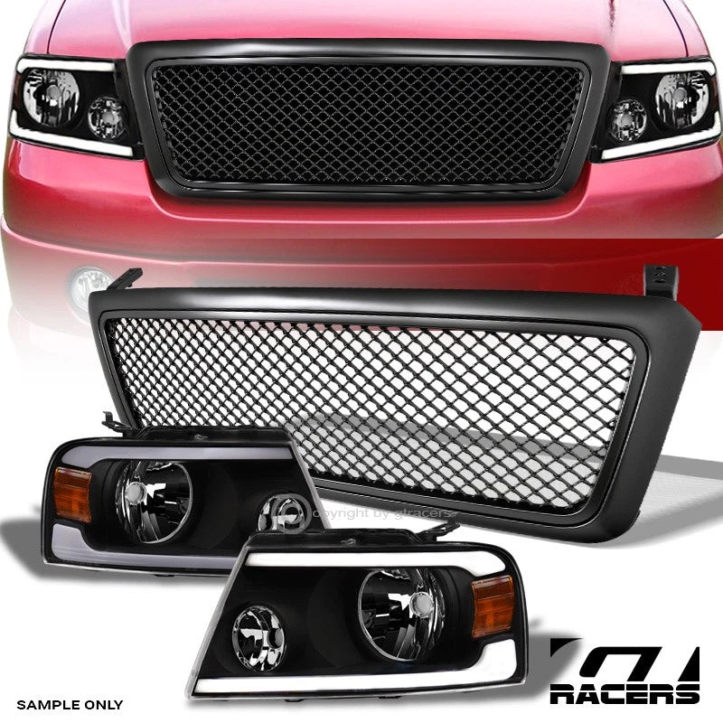 2004-2008 F150 Black LED Tube Bar Headlights Signal Amber+Matte Mesh Grille