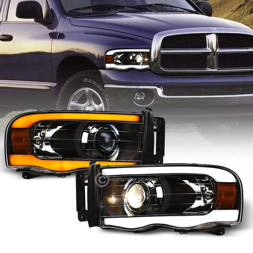 Switchback Sequential 2002-2005 Ram Blk Projector Headlights w/LED Tube Bar