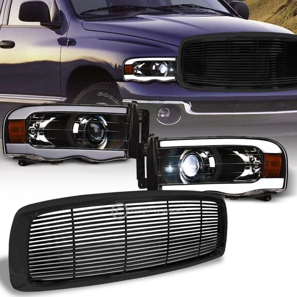 2002-2005 Ram Blk Full LED Tube Projector Headlights Amber+Horizontal Grille