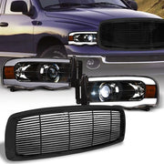 2002-2005 Ram Blk Full LED Tube Projector Headlights Amber+Horizontal Grille