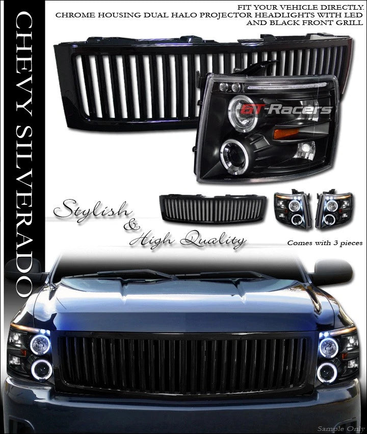 Black Halo Led Projector Headlights+Front Vertical Grille 07-13 Silverado