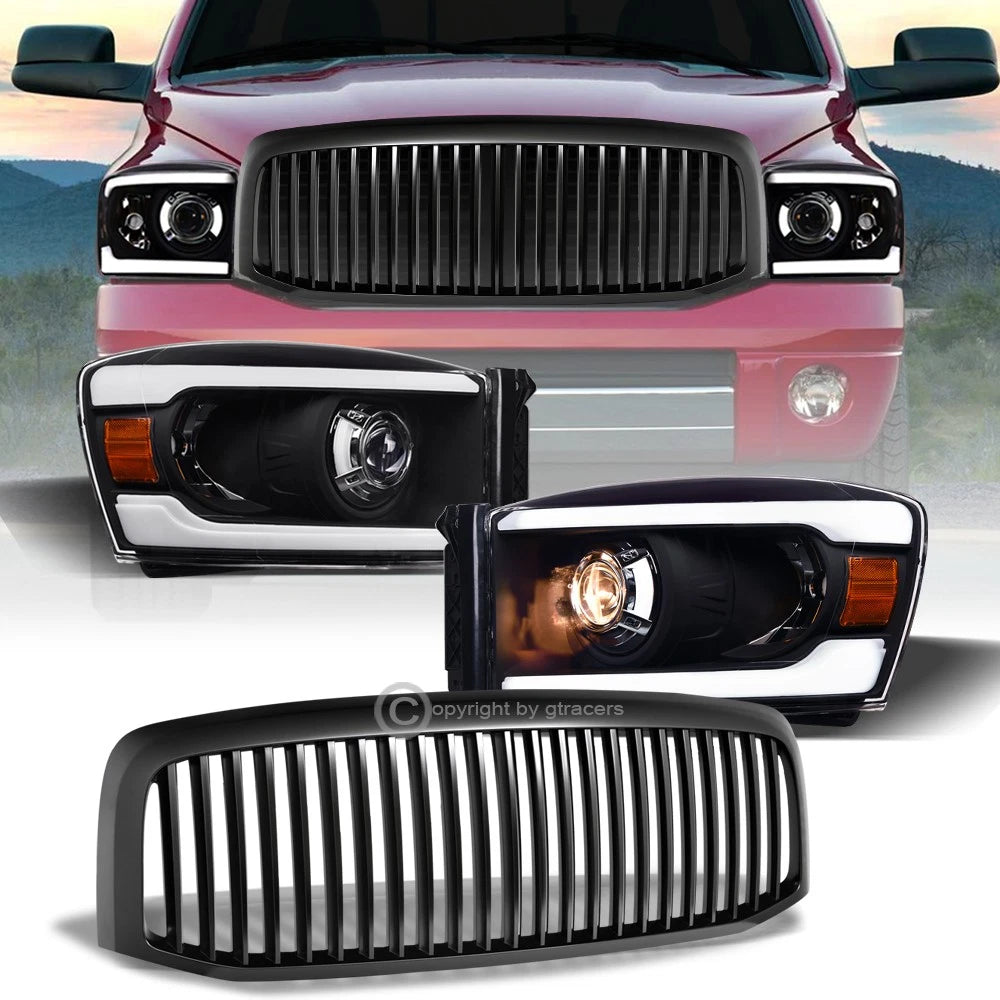2006-2009 Ram Blk LED Tube Projector Headlights Amber+Matte Vertical Grille