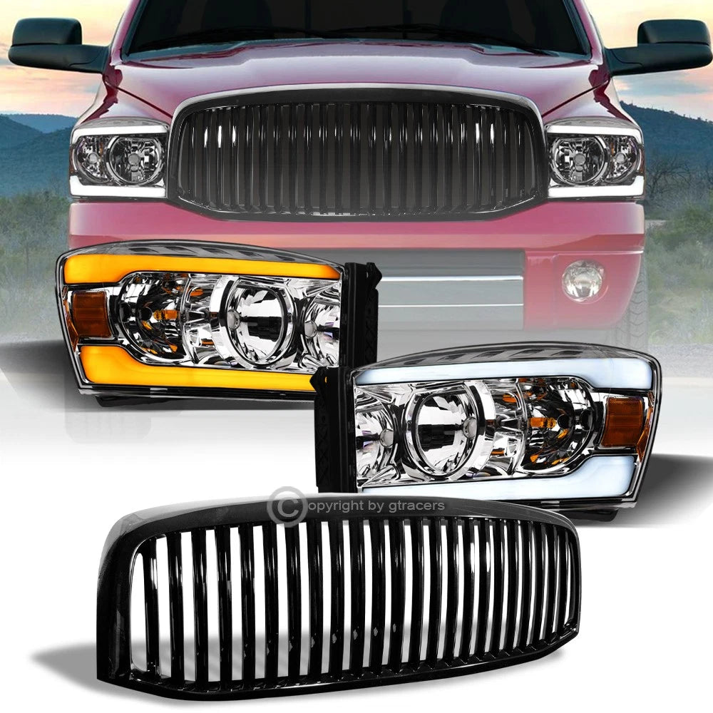 Switchback Sequential 06-09 Ram Chrome LED Bar Headlights Amber+Blk V Grille