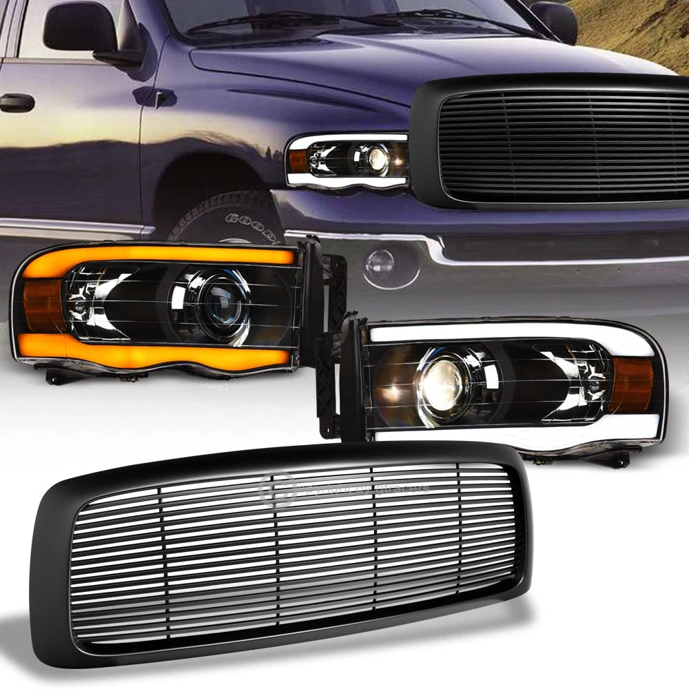 Switchback Sequential 02-05 Ram Black LED Tube Pro Headlights+Matte H Grille