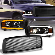 Switchback Sequential 02-05 Ram Black LED Tube Pro Headlights+Matte H Grille