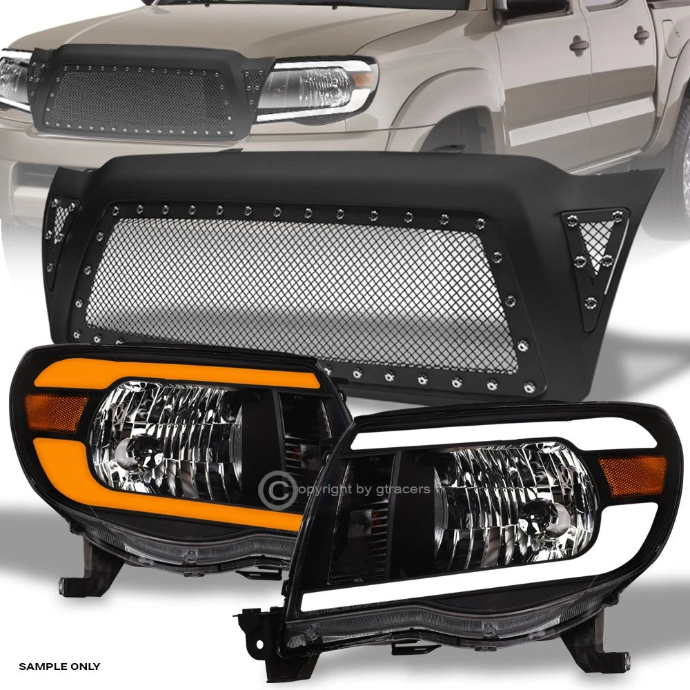 Switchback Sequential 05-11 Tacoma Blk LED Headlights A+Matte Rivet M Grille