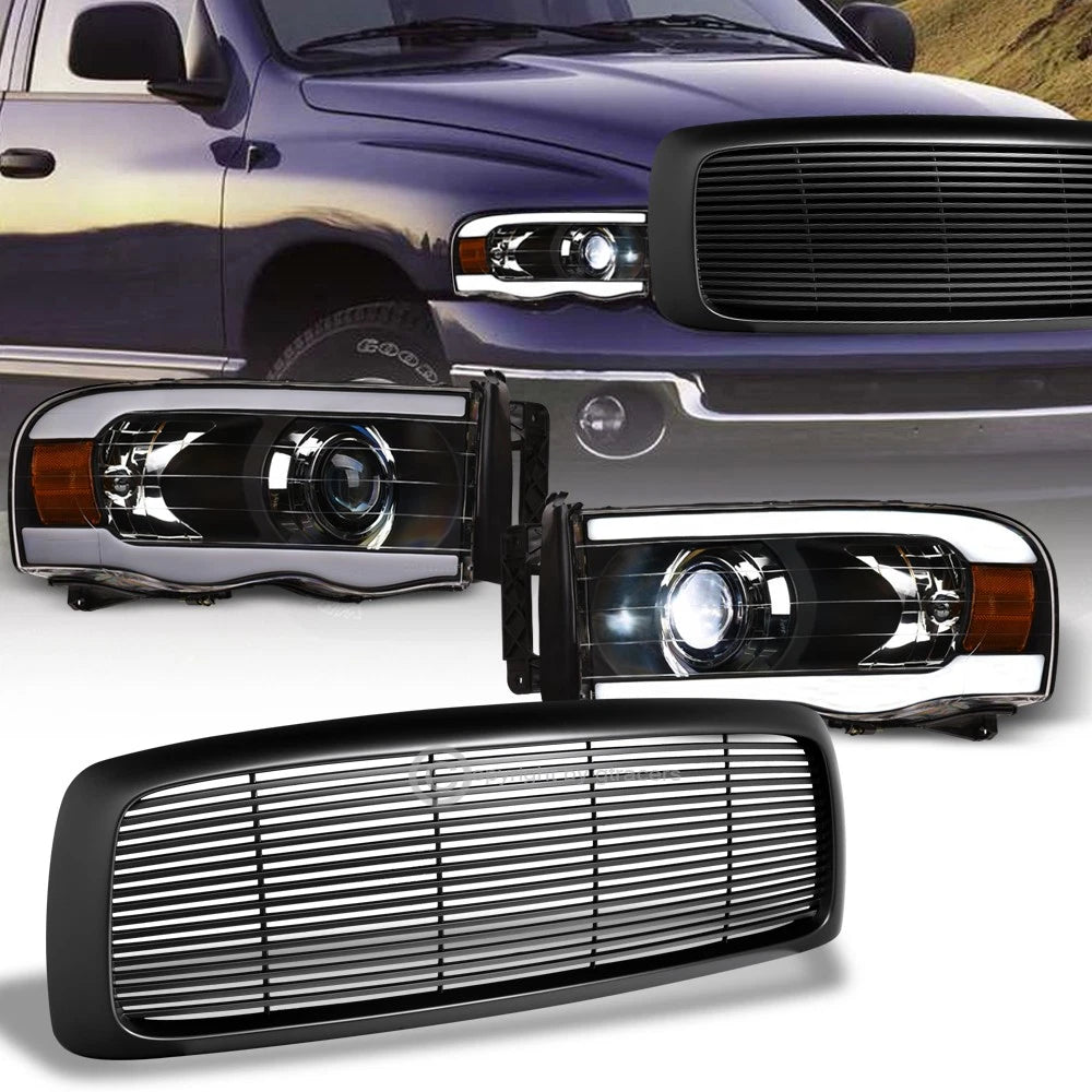 02-05 Ram Blk Full LED Bar Projector Headlights Amber+Matte Horizontal Grill