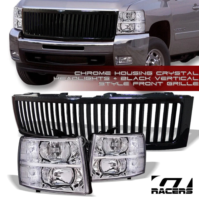 Chrome Headlights Signal Nb+Black Vertical Front Grille 07-13 Silverado 1500