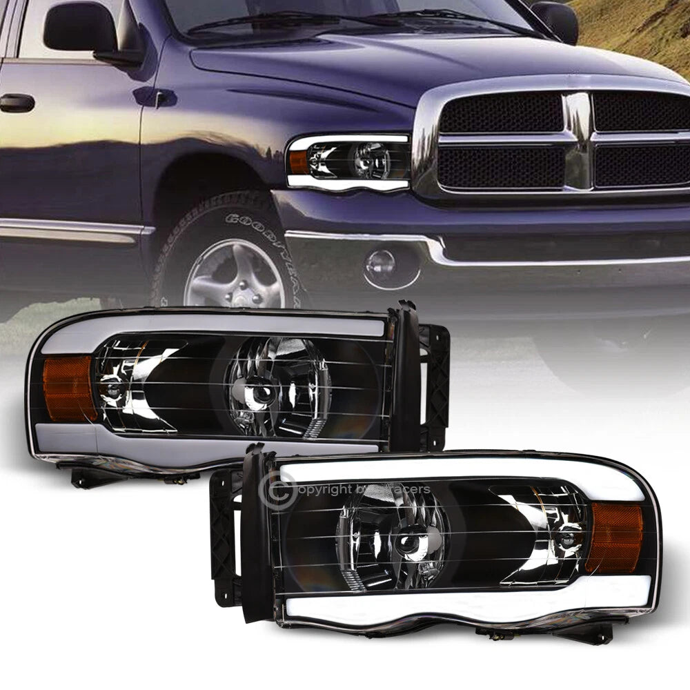 2002-2005 Dodge Ram Black Crystal Headlights Signal Amber w/DRL LED Tube Bar