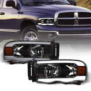 2002-2005 Dodge Ram Black Crystal Headlights Signal Amber w/DRL LED Tube Bar