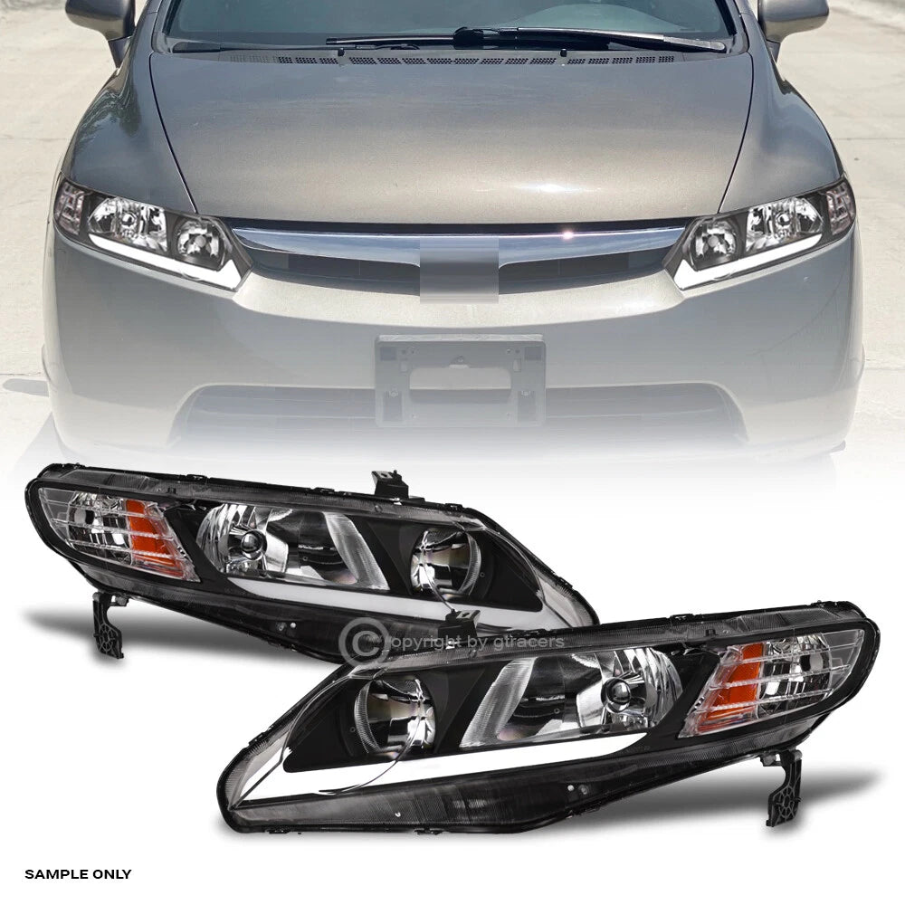 2006-2011 Honda Civic Sedan Black Crystal Headlights Signal Amber w/LED Tube