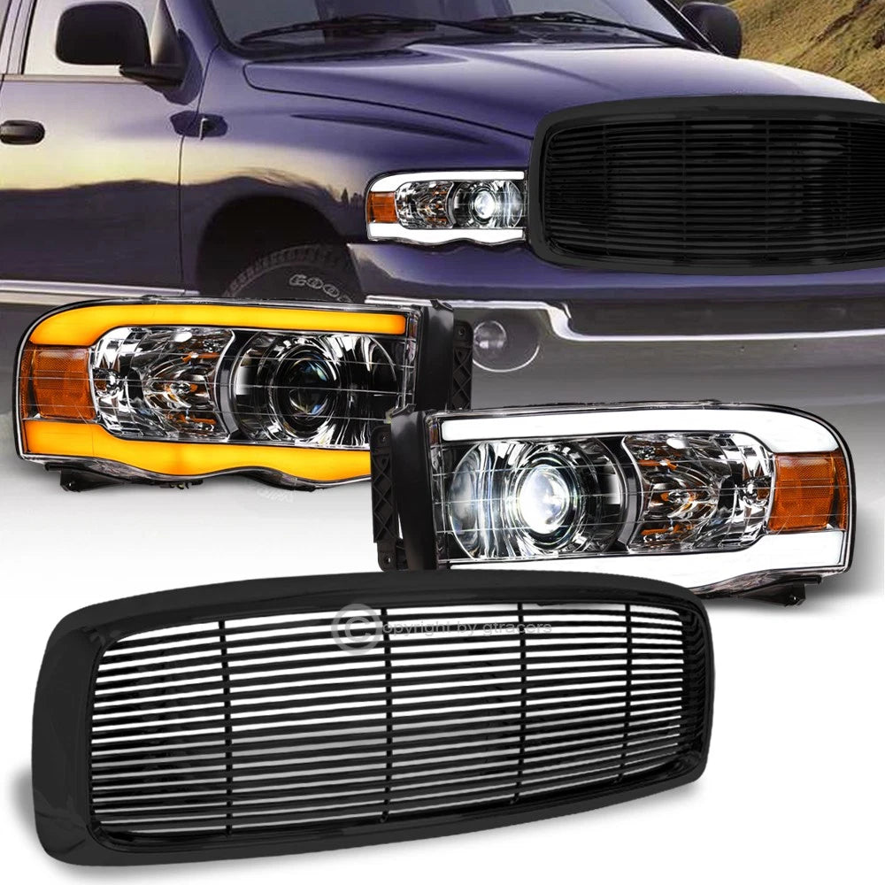 Switchback Sequential 02-05 Ram Chrome Full LED Pro Headlights+Blk H Grille