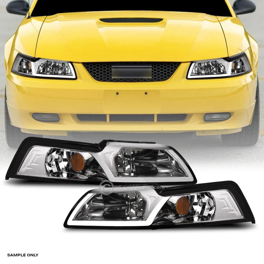 1999-2004 Ford Mustang Chrome Crystal Headlights Signal Amber w/LED Tube Bar