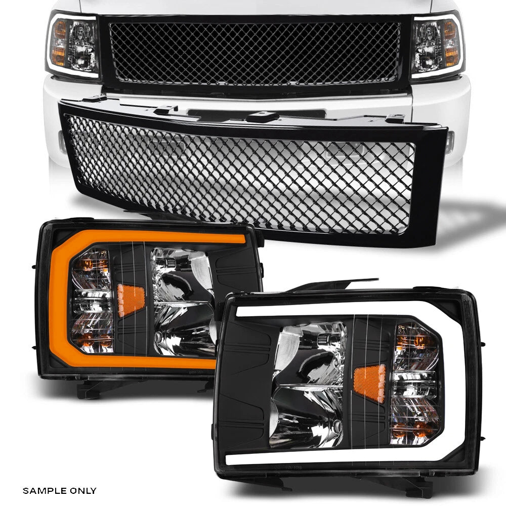 Switchback Sequential 07-13 Silverado 1500 Blk LED Headlights Am+Mesh Grille