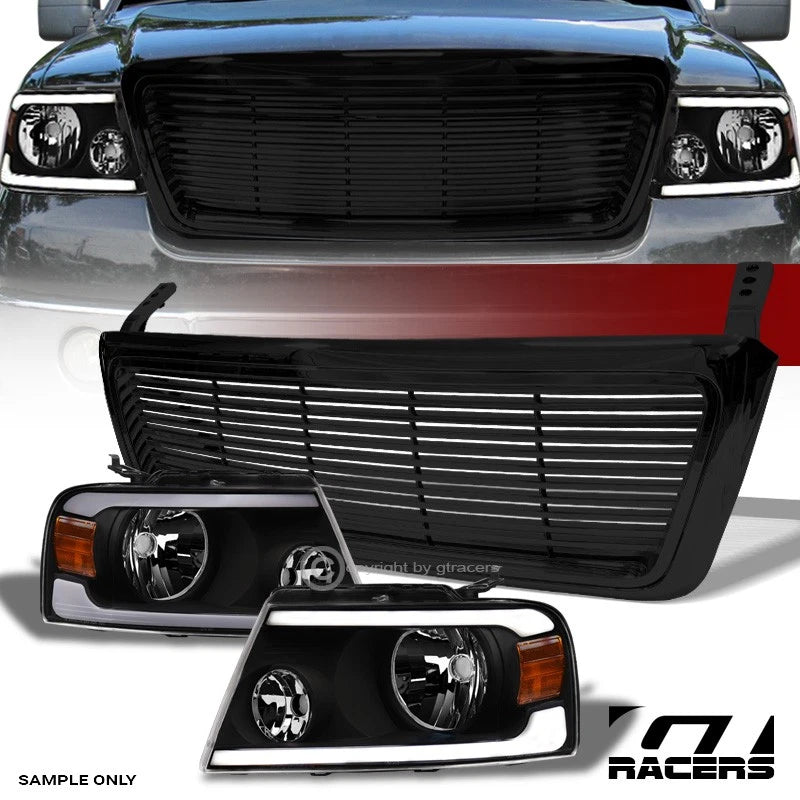 2004-2008 F150 Black LED Tube Bar Headlights Signal Amber+Horizontal Grille