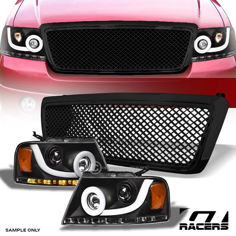 04-08 F150 Black Halo Sequential LED Bar Projector Headlights Am+Mesh Grille