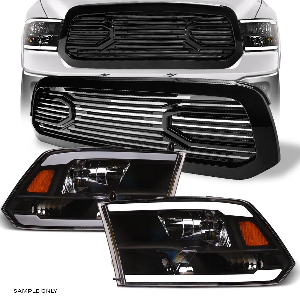 2013-2018 Dodge Ram 1500 Black LED Tube Bar Headlights Amber+Big Horn Grille