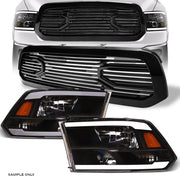 2013-2018 Dodge Ram 1500 Black LED Tube Bar Headlights Amber+Big Horn Grille