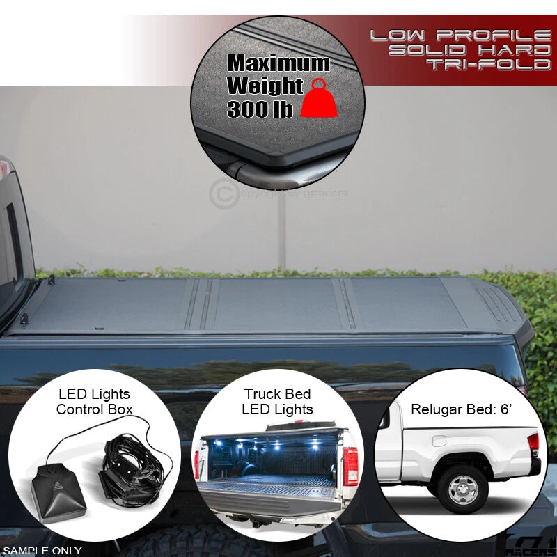 2016-2023 Toyota Tacoma 6 Ft Bed Low Profile Hard Tri Fold Tonneau Cover+LED
