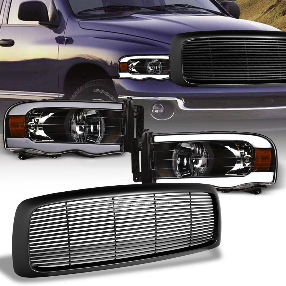 2002-2005 Dodge Ram Black LED Tube Headlights Amber+Matte Horizontal Grille