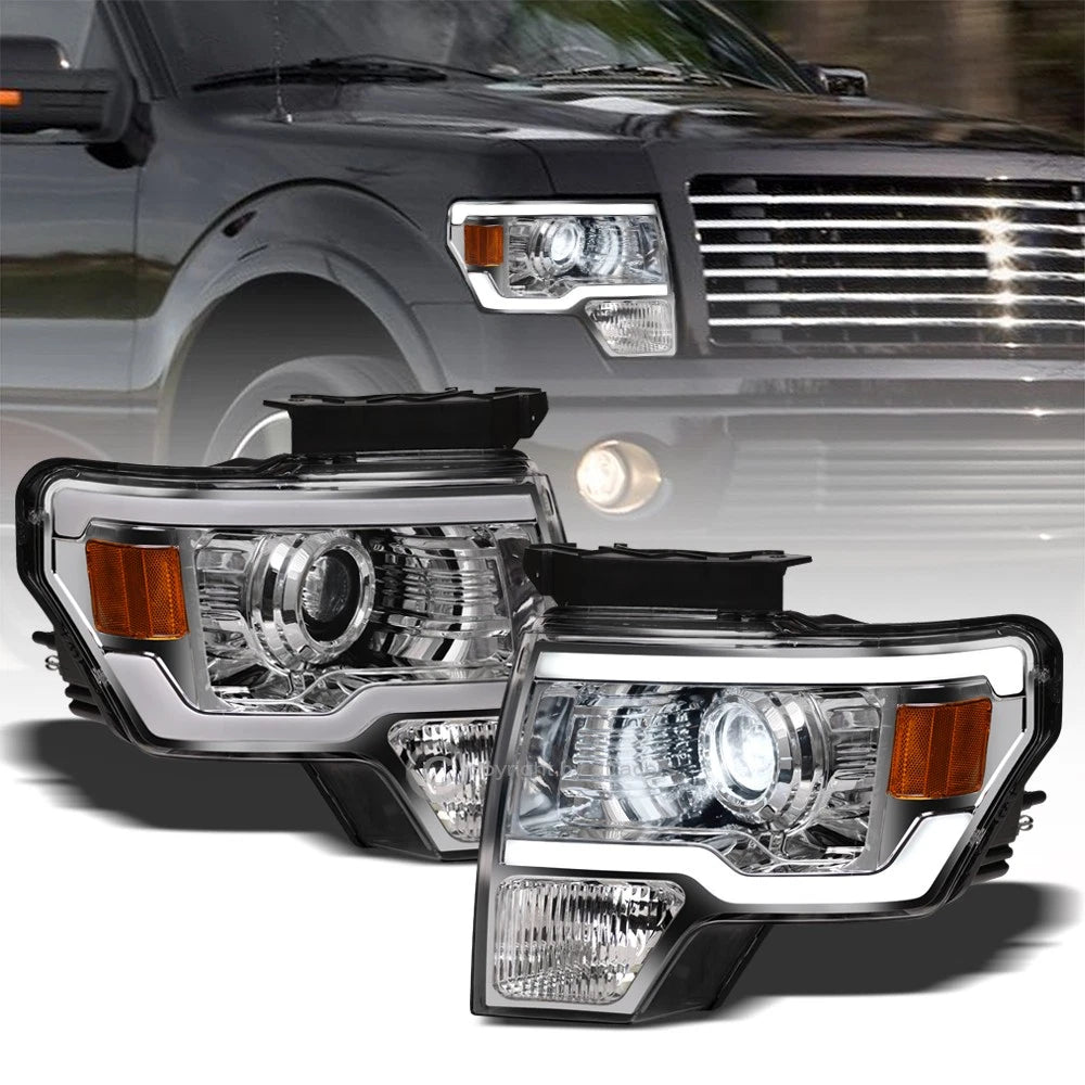 2009-2014 F150 Chrome Full LED Projector Headlights Signal Amber w/Tube Bar