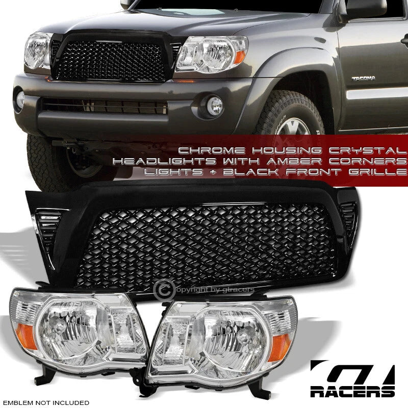 2005-2011 Toyota Tacoma Chrome Headlights Signal Amber nb+Black Mesh Grille