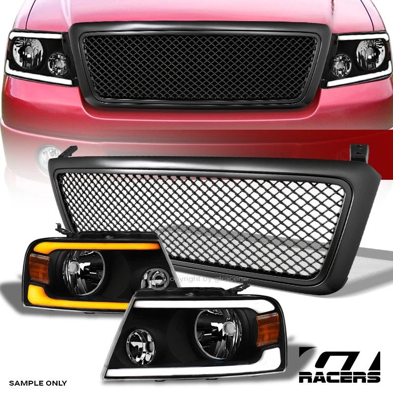 2004-2008 F150 Black Sequential LED Tube Bar Headlights Am+Matte Mesh Grille