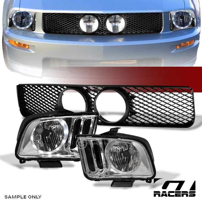 2005-2009 Ford Mustang GT Halo LED Chrome Headlights+Black Mesh Front Grille