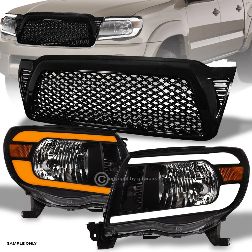 Switchback Sequential 05-11 Tacoma Blk LED Headlights Am+Dragon Mesh Grille