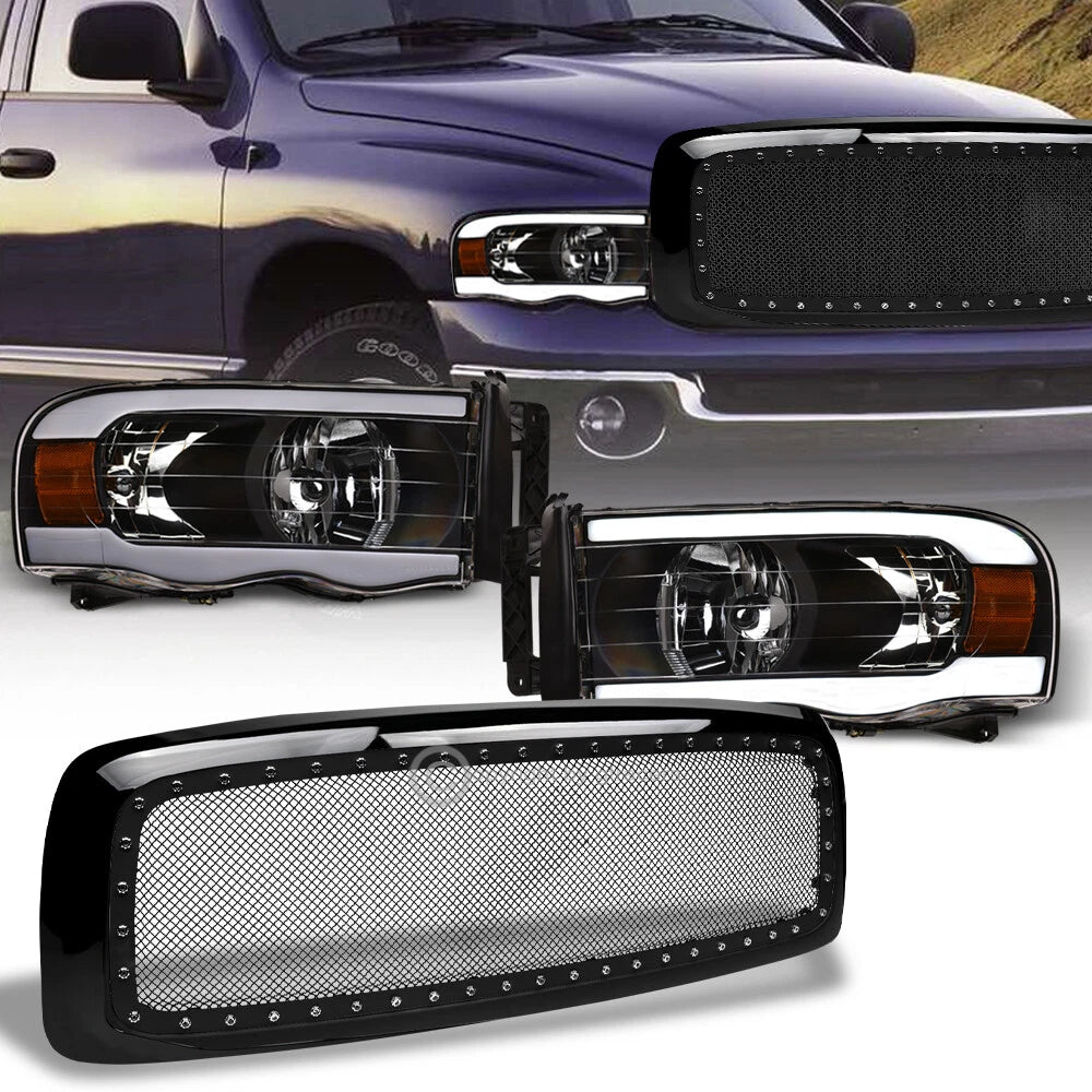 2002-2005 Dodge Ram Blk LED Tube Bar Headlights Amber+Rivet Bolt Mesh Grille