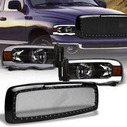 2002-2005 Dodge Ram Blk LED Tube Bar Headlights Amber+Rivet Bolt Mesh Grille
