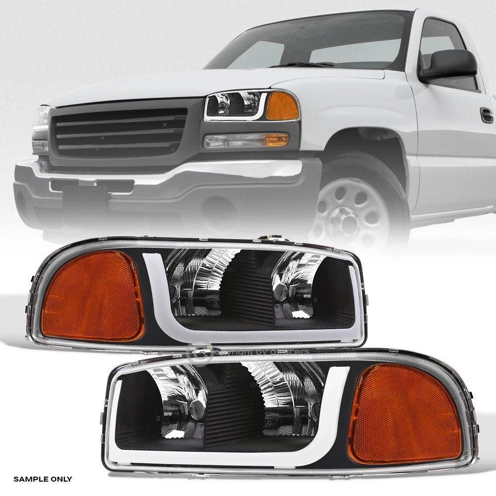 1999-2006 Sierra/Yukon Black Crystal Headlights Signal Amber w/LED Tube Bar