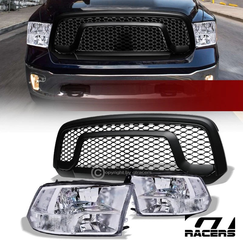 2013-2018 Ram 1500 Chrome Quad Lamp Headlight nb+Matte Blk Rebel Mesh Grille